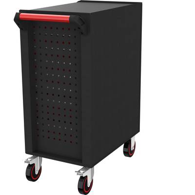 Schwarzer, rollbarer Werkzeugwagen mit rotem Griff, Perforationen an der Seite, und vier Rädern. Ideal für Werkzeuge und Werkstattbedarf.