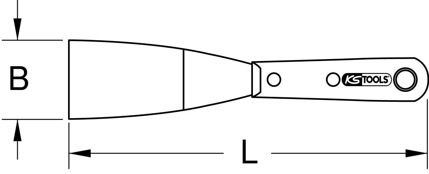 Abbildung eines Spachtels mit der Aufschrift 'KS Tools' auf dem Griff. Markierungen zeigen Breite (B) und Länge (L) an.