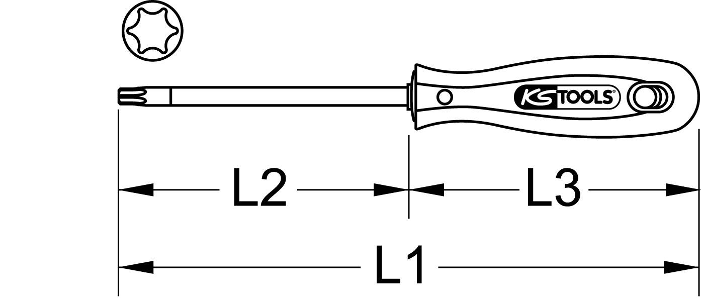 Schraubenzieher-Illustration mit ergonomischem Griff und Torx-Kopf. Beschriftungen zeigen Abmessungen L1, L2, L3. Markenname 'KS Tools' auf Griff.