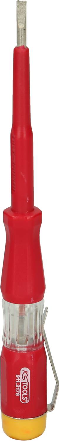 Roter Spannungsprüfer mit durchsichtigem Griff und Metallclip an der Seite.