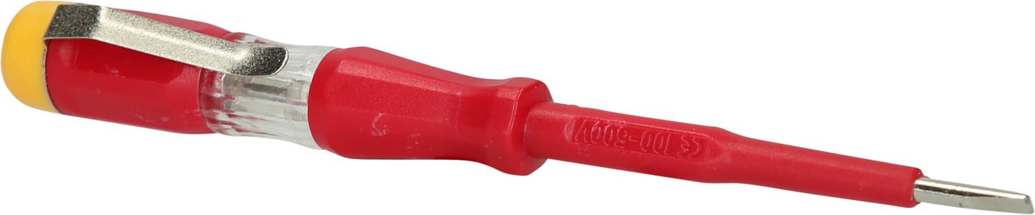 Ein roter Spannungsprüfer mit gelbem Kopf und Metallspitze, geeignet zur Überprüfung elektrischer Spannung in Kabeln oder Steckdosen.