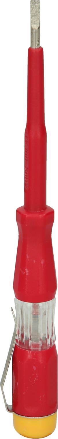 Ein roter Spannungsprüfer mit durchsichtigem Griff und Metallklemme zur Überprüfung elektrischer Spannungen.