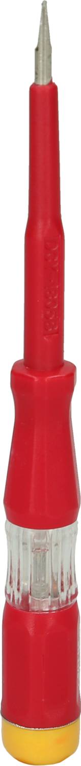 Ein roter Spannungsprüfer mit gelbem Ende und einer Metallspitze, verwendet, um elektrische Spannung zu testen.