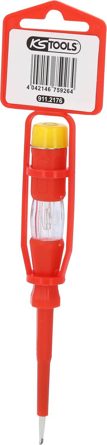 Roter Spannungsprüfer mit durchsichtigem Griff, gelber Spitze und Barcode-Label an rotem Halter.