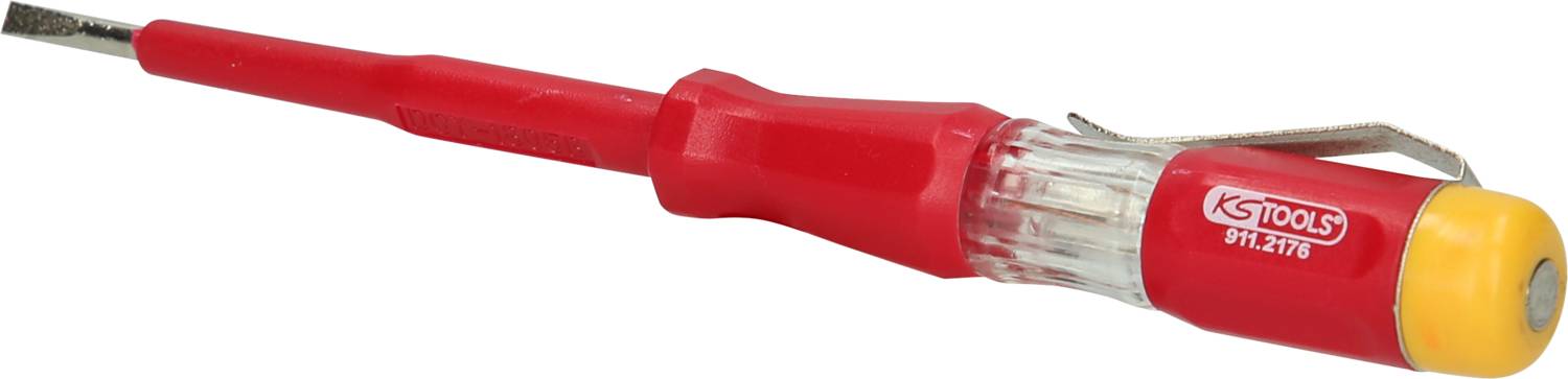Ein roter Spannungsprüfer mit transparentem Gehäuse und Metallclip, Marke KS Tools, geeignet zur Erkennung elektrischer Spannung.
