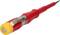 Ein rotes Prüfgerät mit durchsichtigem Griff und gelber Kappe, das zur Überprüfung elektrischer Spannungen verwendet wird.