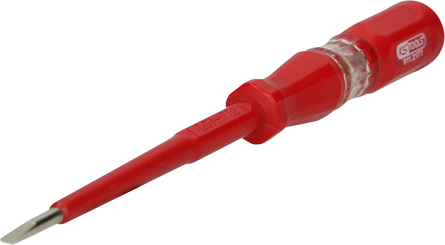 Ein roter Phasenprüfer mit isoliertem Griff und metallischer Spitze, verwendet zum Testen elektrischer Spannungen.