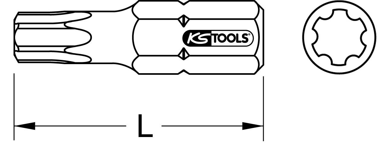 Abbildung eines Torx-Bits von KS Tools mit 'L'-Längenmaßangabe. Links: Seitenansicht, rechts: frontale Sechsrundform.