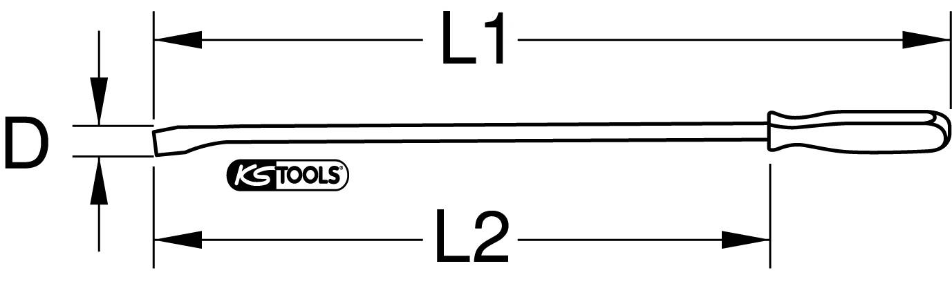 'Illustration eines Brecheisens mit Griff rechts. Beschriftungen: D (Durchmesser), L1 und L2 (Längen). Werkzeugmarke KS Tools.'