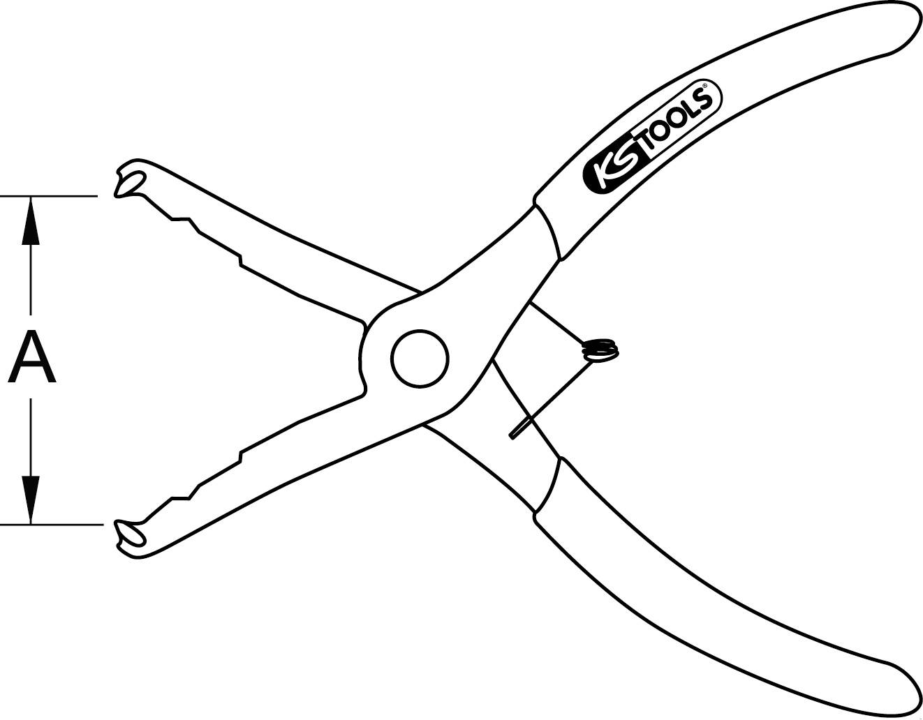 Zange mit KS Tools-Logo zur Sicherungsringmontage. Ein Pfeil zeigt die Öffnungsweite mit 'A' beschriftet.