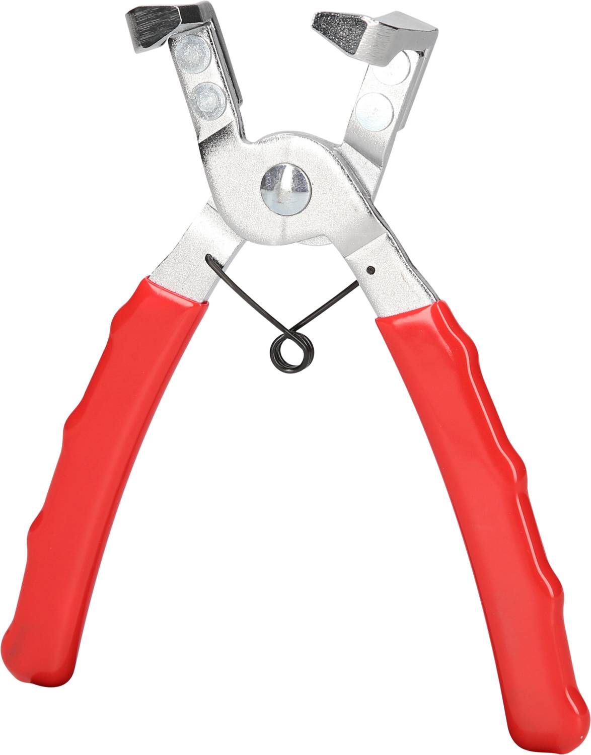 Eine silberne Zange mit roten Griffen, geöffnet, mit einer Feder in der Mitte. Sie wird oft für Reparaturen oder Handwerk genutzt.