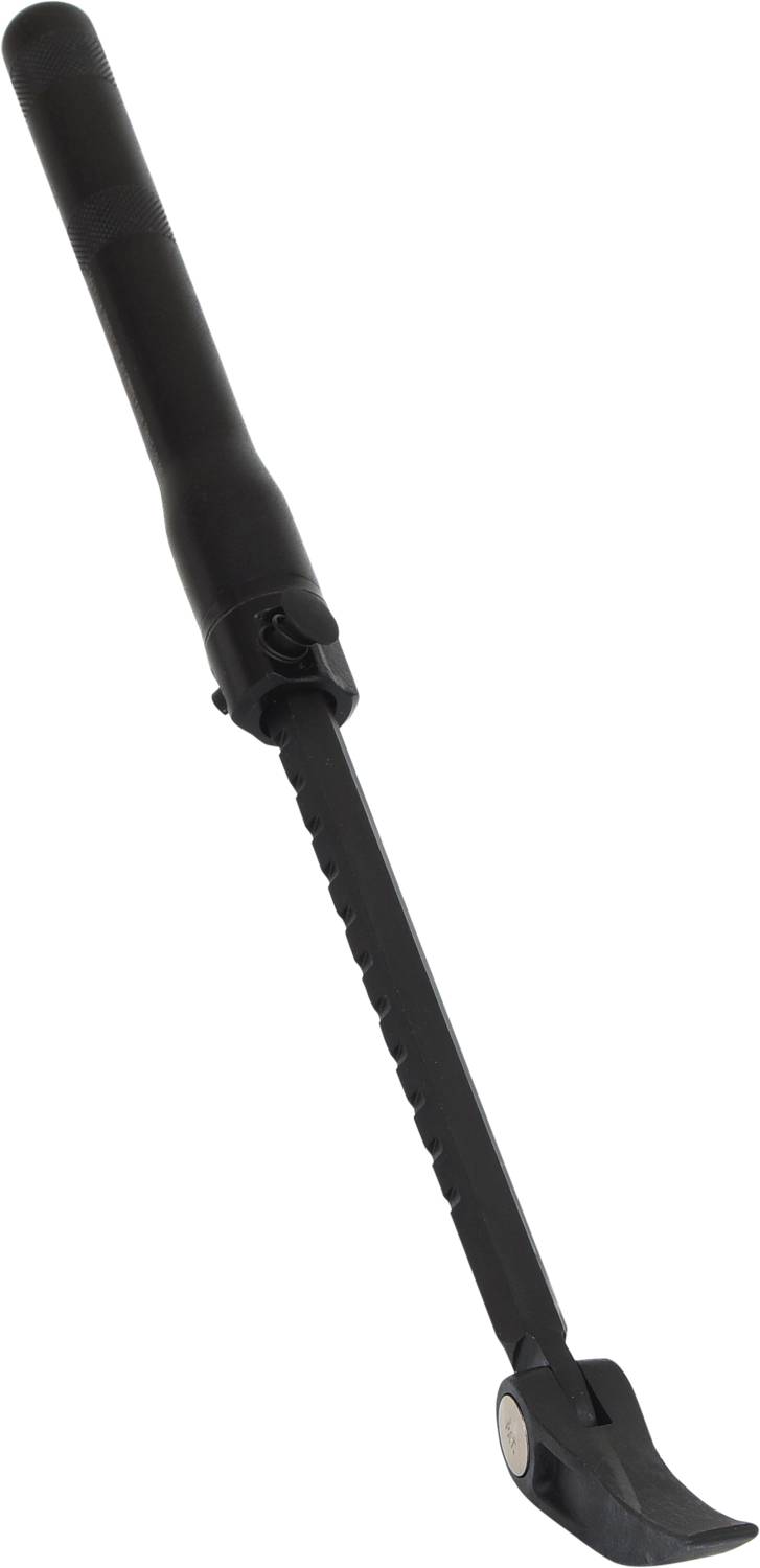 Ein schwarzer Fahrradseitenständer mit verstellbarer Länge und einem kippbaren Fuß, geeignet für verschiedene Fahrradtypen.