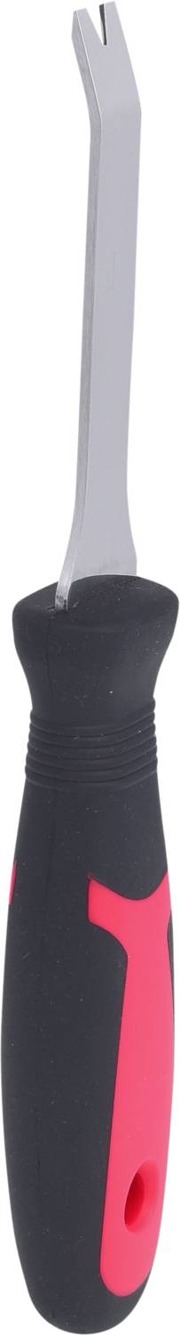 Ein schwarzer und roter Schraubendreher mit Flachklinge, geeignet für allgemeine Reparaturen.
