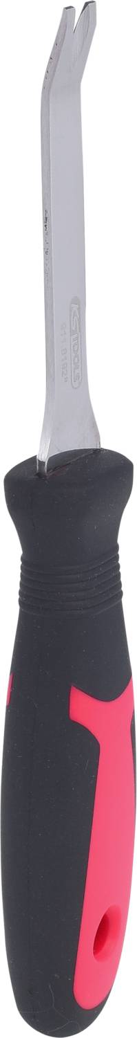 Ein Schraubendreher mit ergonomischem Griff und flacher, gegabelter Spitze, geeignet zum Anheben oder Entfernen von Materialien.
