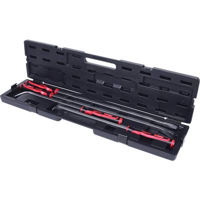 Ein Werkzeugkasten mit mehreren langen Hebeln und Haken, vermutlich für Automobilreparaturen, in einem schwarzen Etui organisiert.
