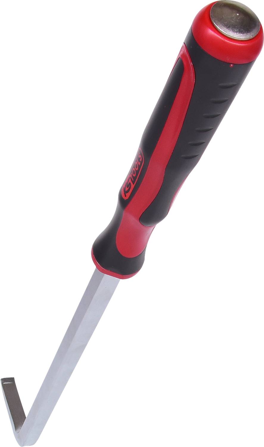 Langer, rot-schwarzer Griff eines Werkzeugs mit schmaler, L-förmiger Metallspitze. Ideal zum Entfernen von Nägeln oder Schrauben.