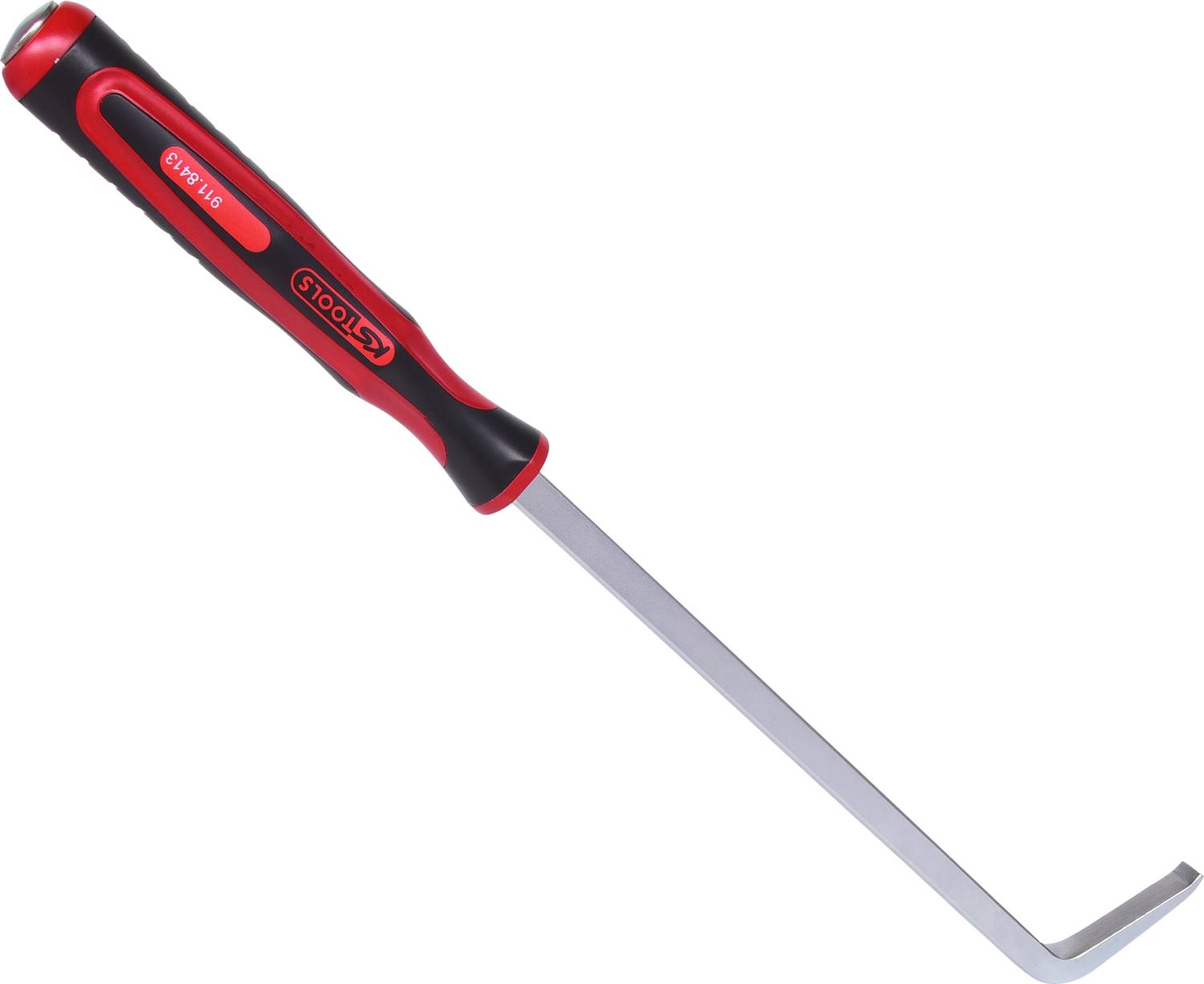 Handwerkzeug mit rotem und schwarzem Griff, langer Metallstange und abgewinkeltem Ende. Geeignet zum Heben oder Arbeiten an engen Stellen.