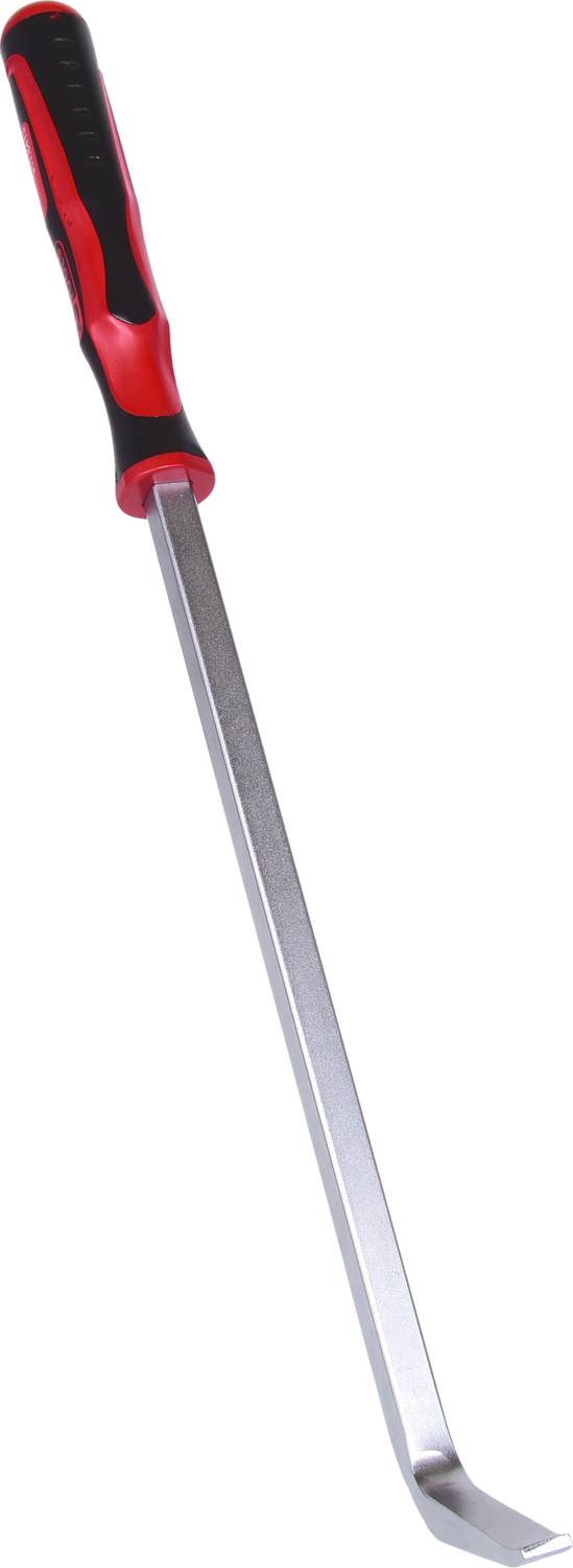 Ein langer, L-förmiger Brecheisen mit einem ergonomischen, rot-schwarzen Griff zum Heben oder Aufhebeln von Gegenständen.