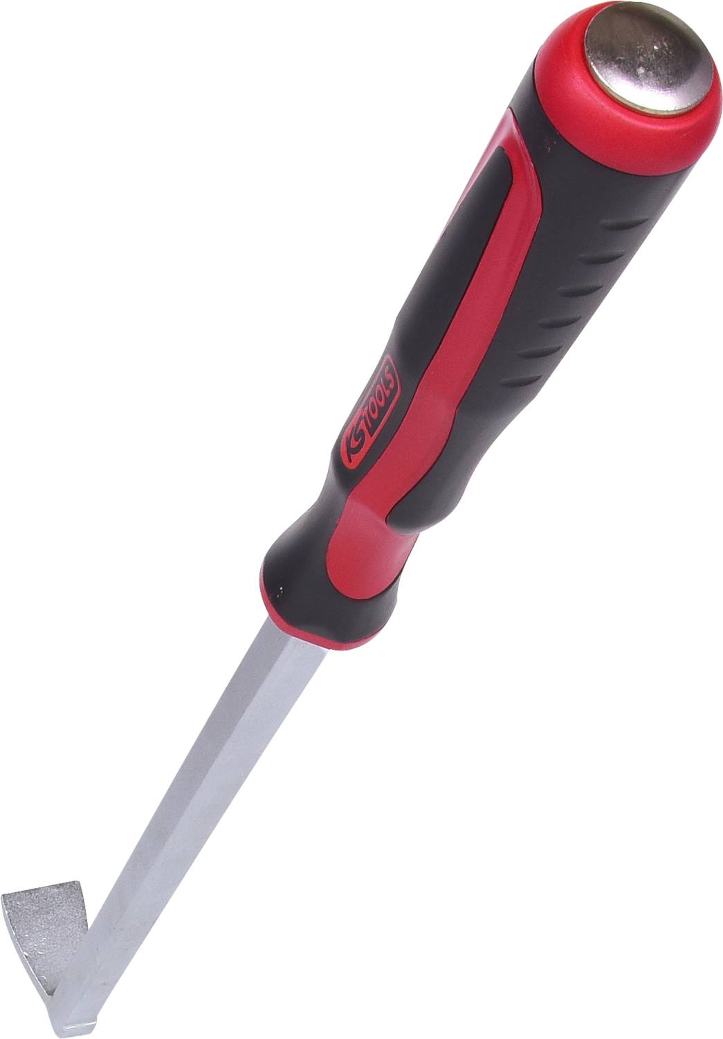 Ein rot-schwarzer Fliesenmeißel mit ergonomischem Griff. Das Werkzeug hat eine flache, breite Metallklinge zum Entfernen von Fliesen.