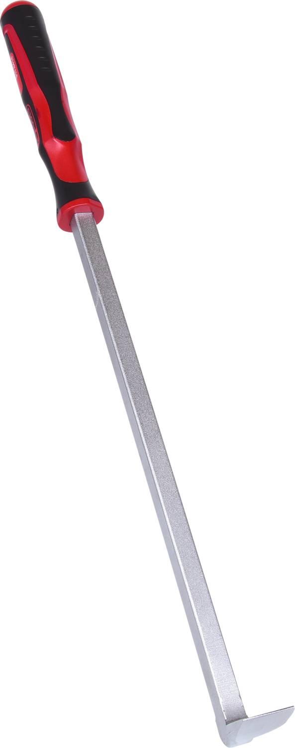 Langer silberner Metallstab mit rotem und schwarzem Griff, endet in einem abgewinkelten Haken, wahrscheinlich ein Werkzeug zum Heben oder Bewegen.