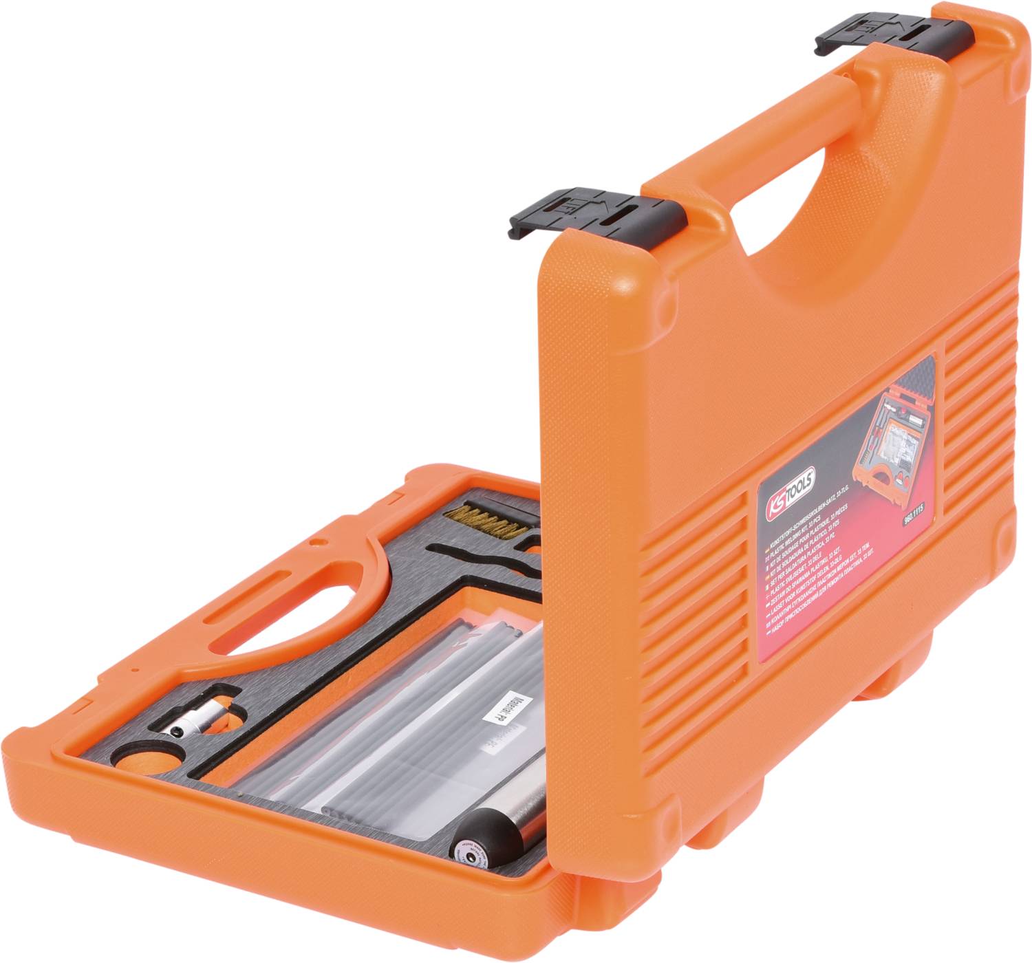 Ein orangefarbener Werkzeugkoffer mit Schaumstoffeinlage, die verschiedene Werkzeuge ordentlich hält; sichtbar sind Bürsten und Zubehör.