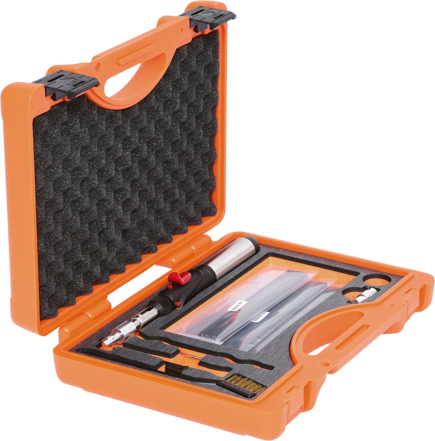 'Oranges Werkzeugset in offenem Koffer mit Schaumstoffeinlage. Inhalt: Lötkolben, Zangen, Pinsel und Ersatzteile.'