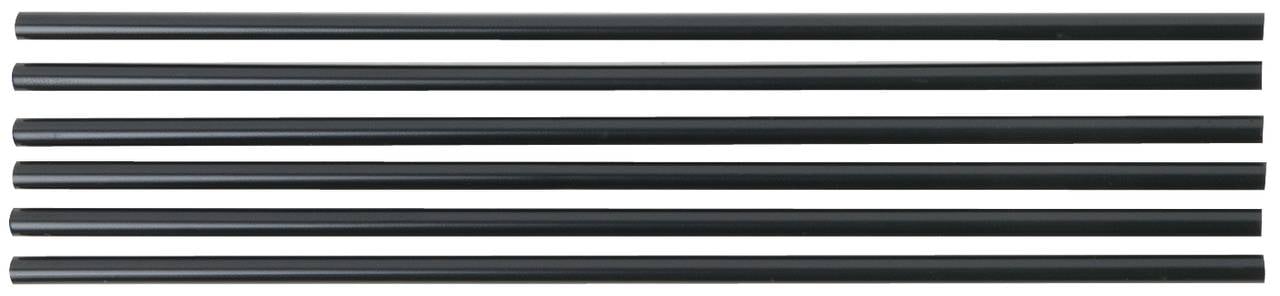 Sechs schwarze, gerade Röhren, horizontal nebeneinander angeordnet.