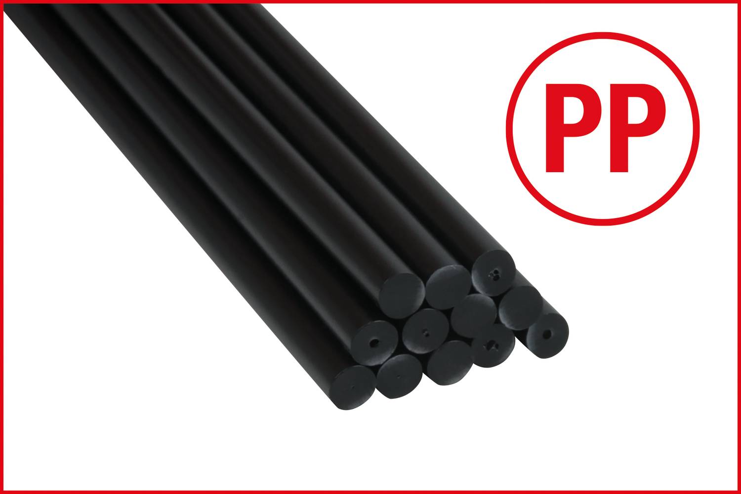 Schwarze Stäbe aus Polypropylen (PP) liegen nebeneinander. Ein roter Kreis mit 'PP' markiert das Material.