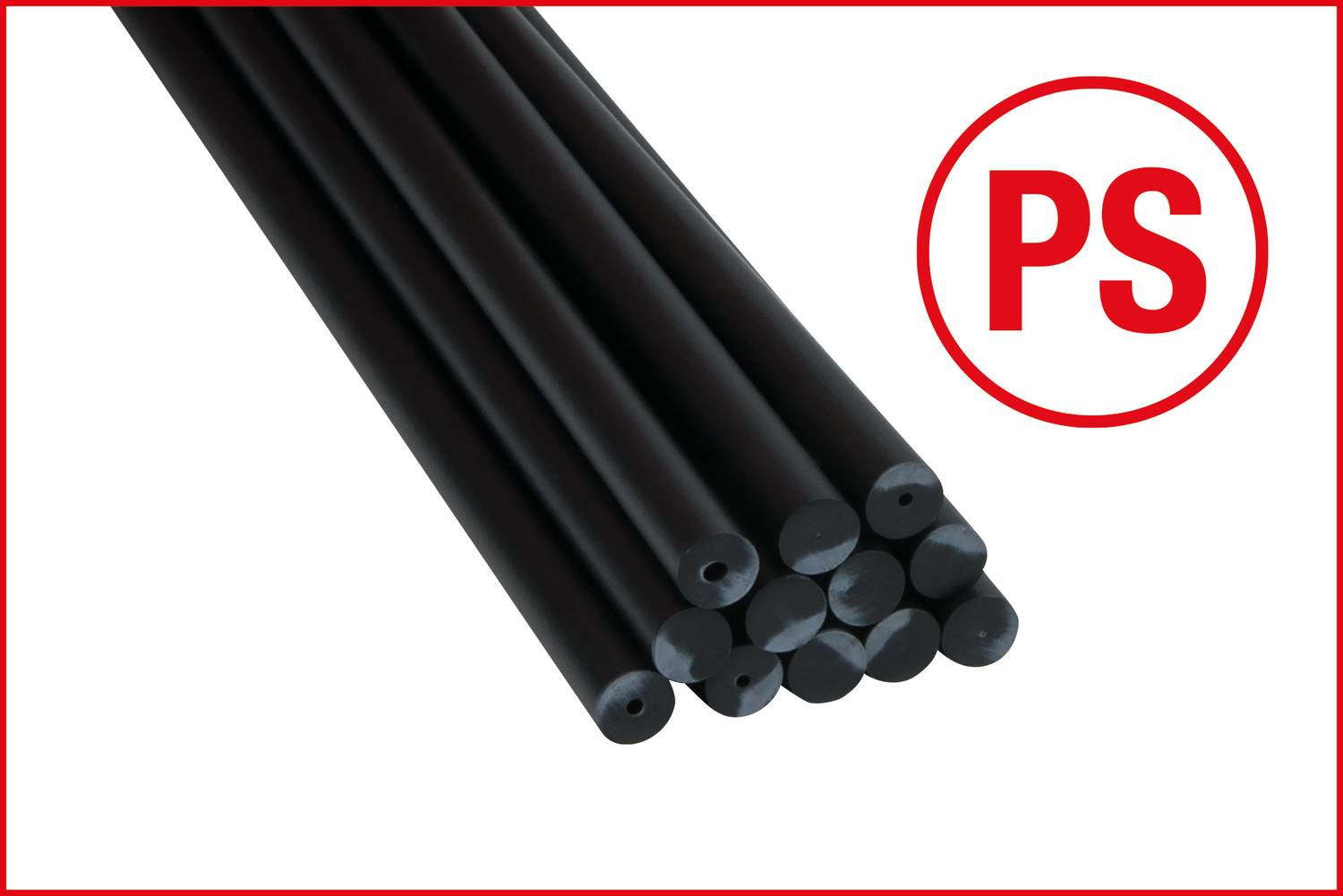 Schwarze Stangen gemeinsam gestapelt. Rechts ein roter Kreis mit den Buchstaben 'PS'.