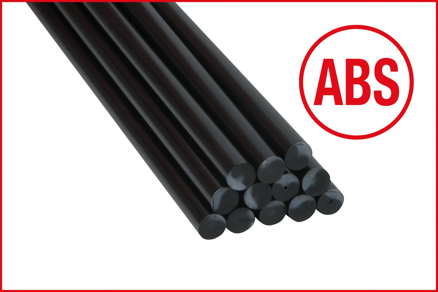 Schwarze ABS-Kunststoffstäbe, gestapelt nebeneinander. Rechts daneben ein roter Kreis mit dem Text 'ABS'.