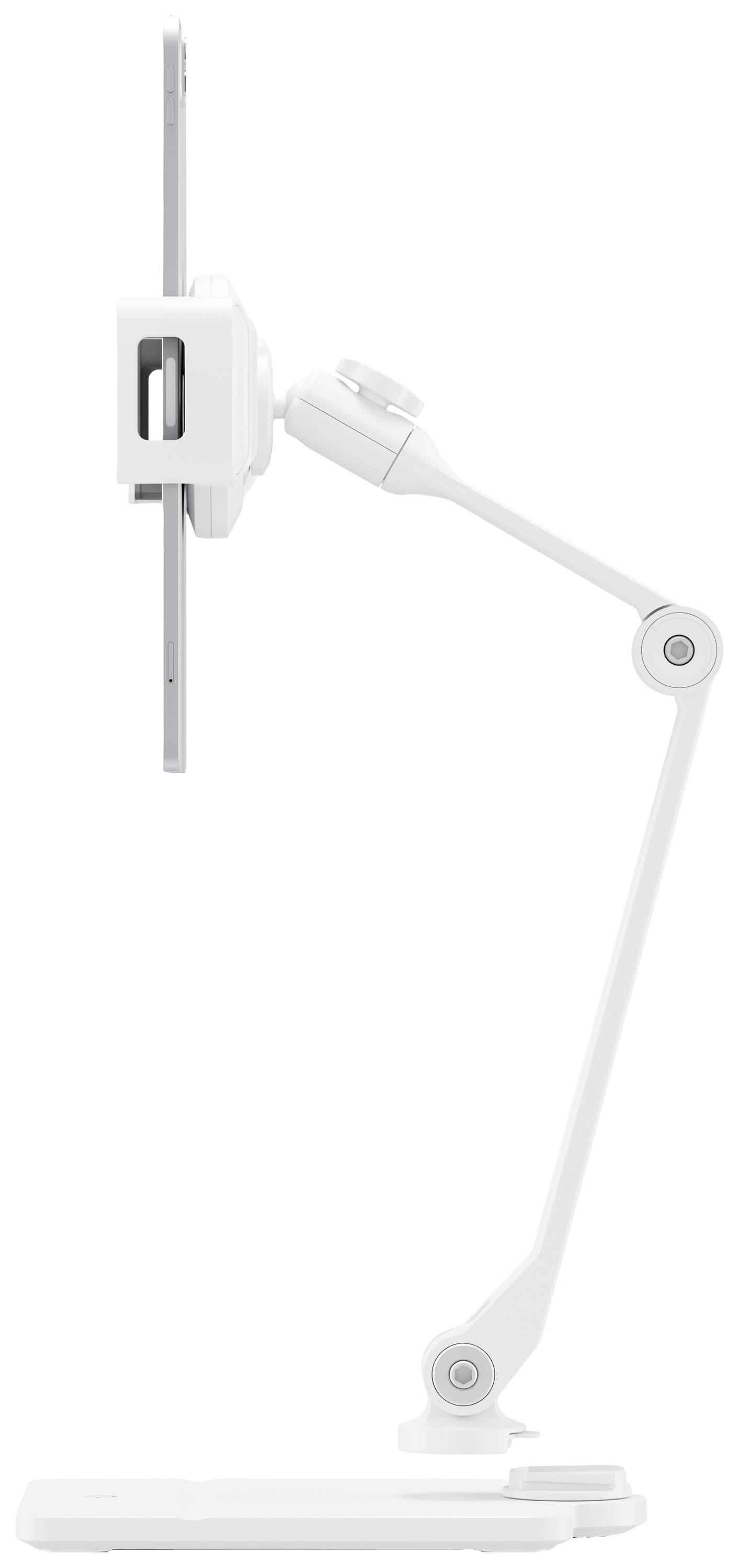Ein weißer verstellbarer Tablet-Halter in seitlicher Ansicht, der seine Flexibilität und Anpassungsfähigkeit zeigt.