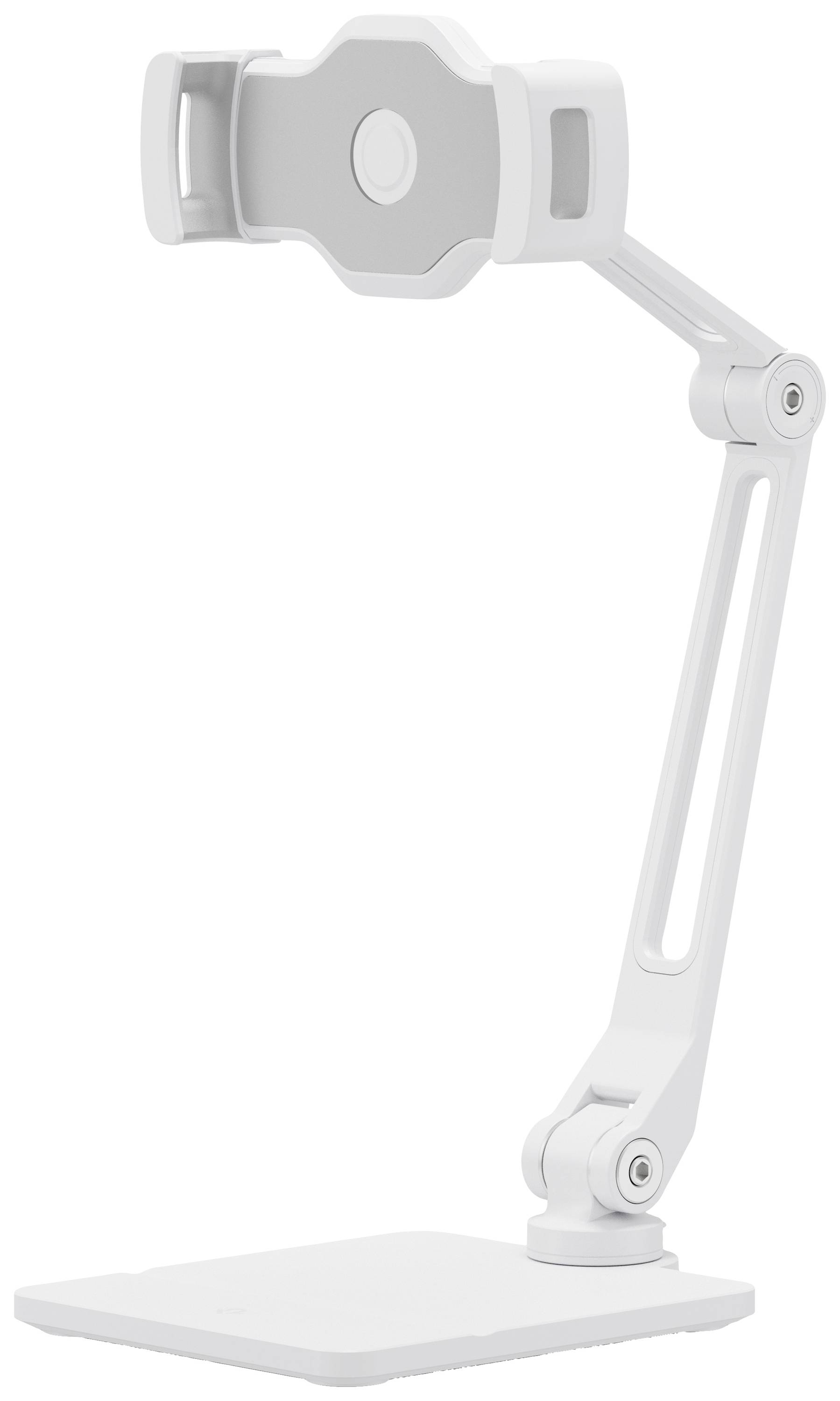 Weißer, verstellbarer Telefon- oder Tablet-Ständer mit mehreren Gelenken für flexible Positionierung auf einem Tisch oder Schreibtisch.