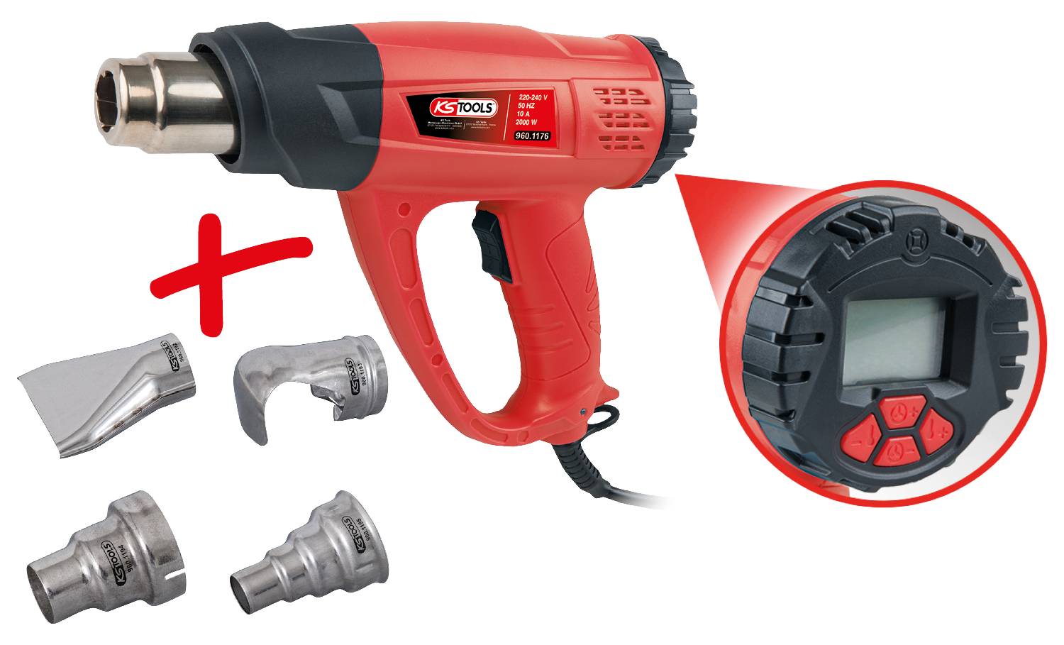 Ein rotes Heißluftgebläse mit digitalem Display und Bedienelementen, umgeben von vier verschiedenen Aufsätzen zur vielseitigen Verwendung.