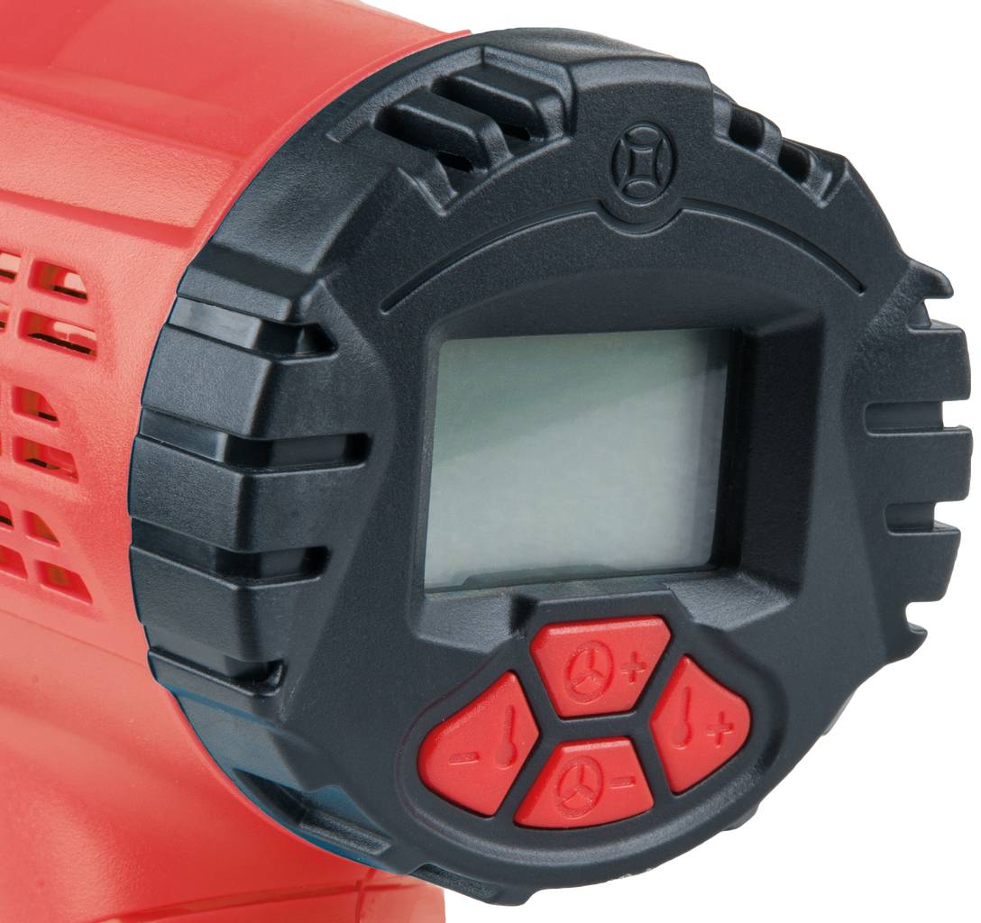 Ein rotes elektronisches Gerät mit einem schwarzen Display und drei roten Knöpfen darunter, möglicherweise ein Messgerät oder Steuergerät.