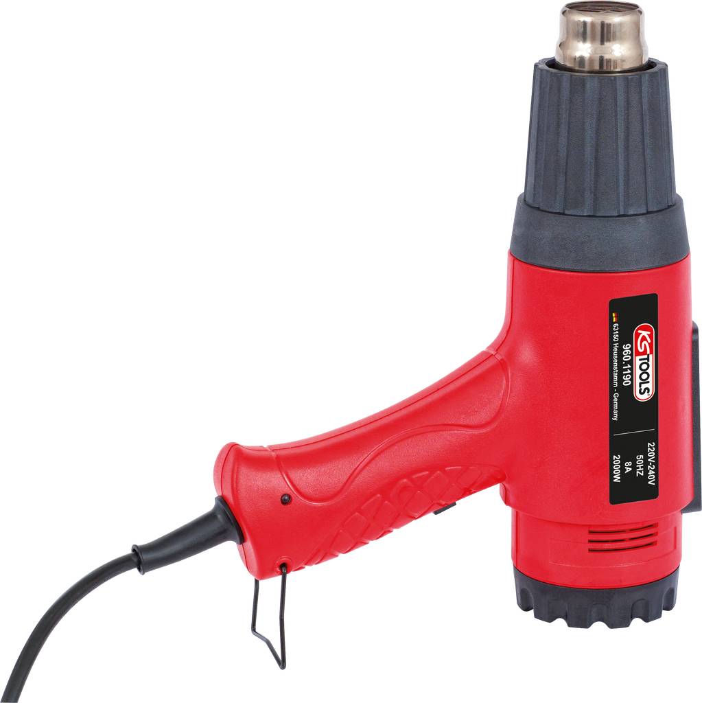 Heißluftfön mit rotem Griff und schwarzem Lüfterausgang, Kabel ist angeschlossen. Verwenden für Schrumpfschläuche oder Entfernen von Lack.