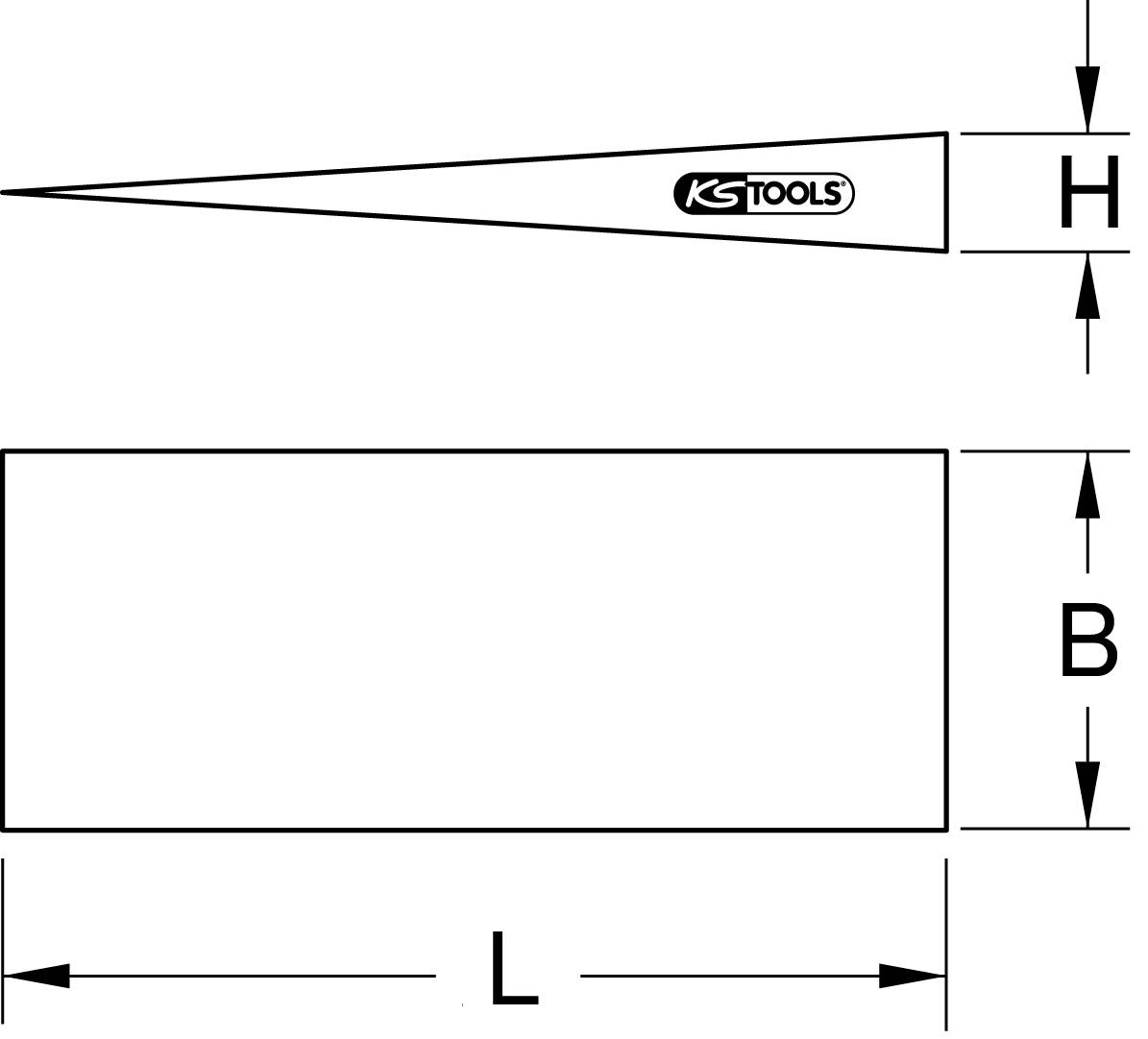 Diagramm zeigt einen Keil von 'KS Tools' mit den Maßen Länge (L), Breite (B) und Höhe (H) zur Illustration der Form und Dimensionen.