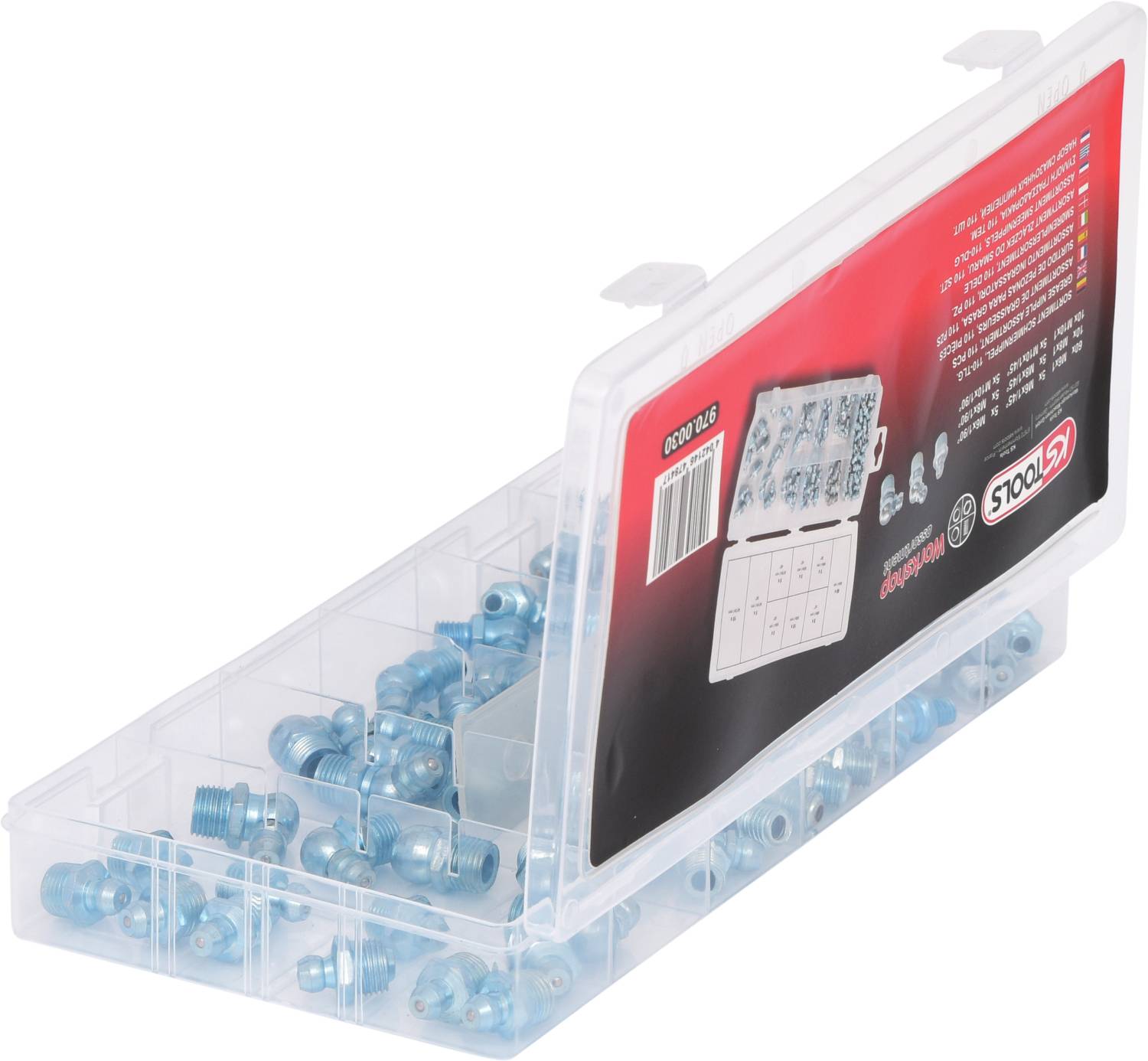 Durchsichtige Plastikbox mit blauen Schnellkupplungen in verschiedenen Größen, Produktinformation auf dem Etikett abgebildet.