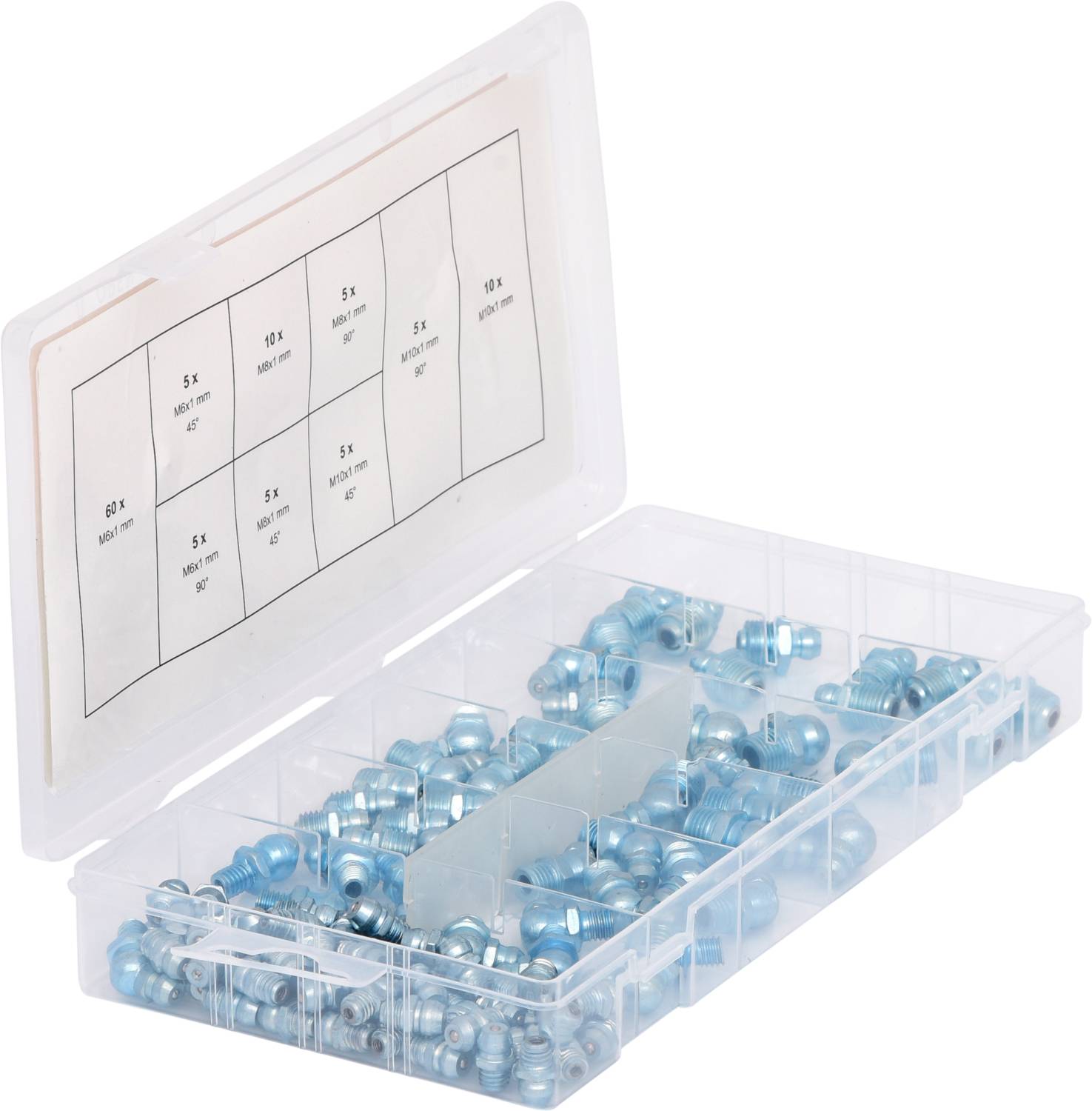 Plastikbox mit geöffnetem Deckel zeigt verschiedene blaue Schmiernippel in separaten Fächern. Beiliegende Liste mit Größenangaben.