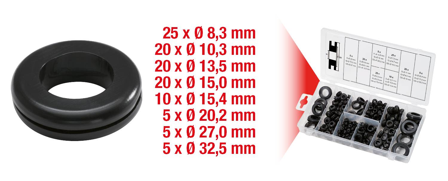 Abbildung eines schwarzen Rings neben einer Box mit verschiedenen Dichtungsringen in mehreren Größen. Auflistung der Größen auf Deutsch.