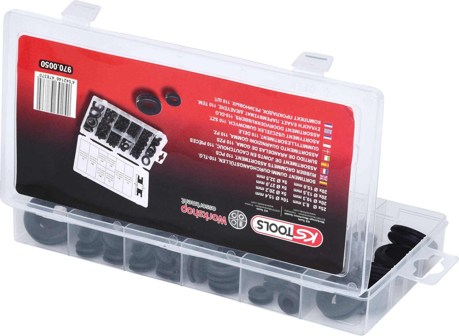 Transparente Kunststoffbox mit schwarzem O-Ring-Dichtungsset von KS Tools, Etikett mit Produktinformationen.