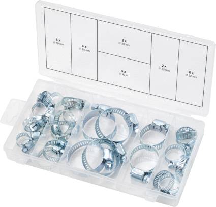 Geöffnete Plastikbox mit Sortimentsfach enthält 20 Metallschlauchschellen in verschiedenen Größen. Größentabelle im Deckel.