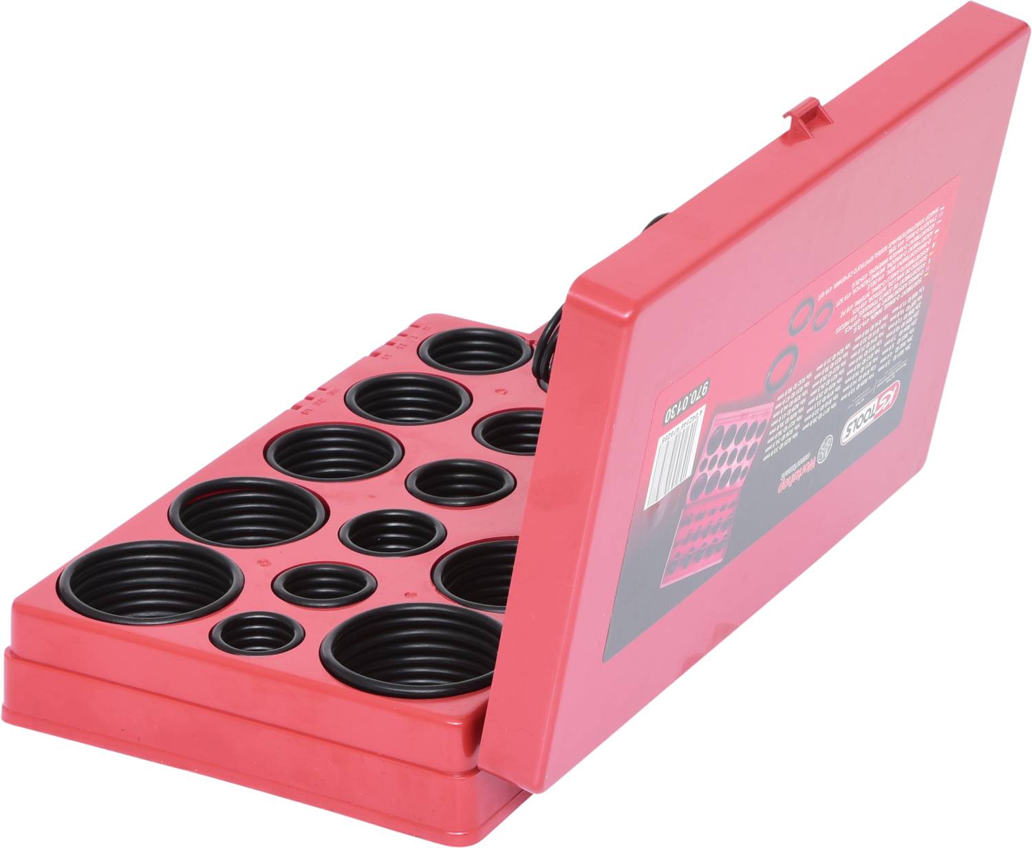 Ein rotes Set mit offenen O-Ring-Dichtungen in verschiedenen Größen, ordentlich in einer Box angeordnet.