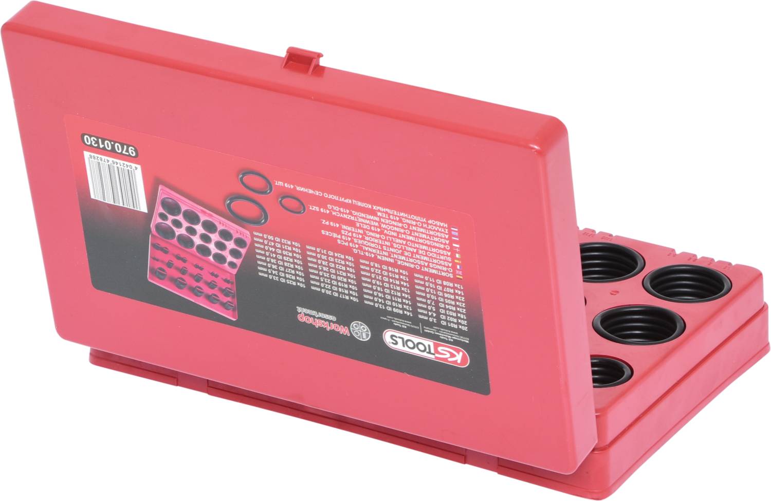 Rotes Kunststoffgehäuse mit offenen Fächern, enthält verschiedene O-Ringe. Etikett zeigt Abmessungen und Anzahl der enthaltenen Teile.