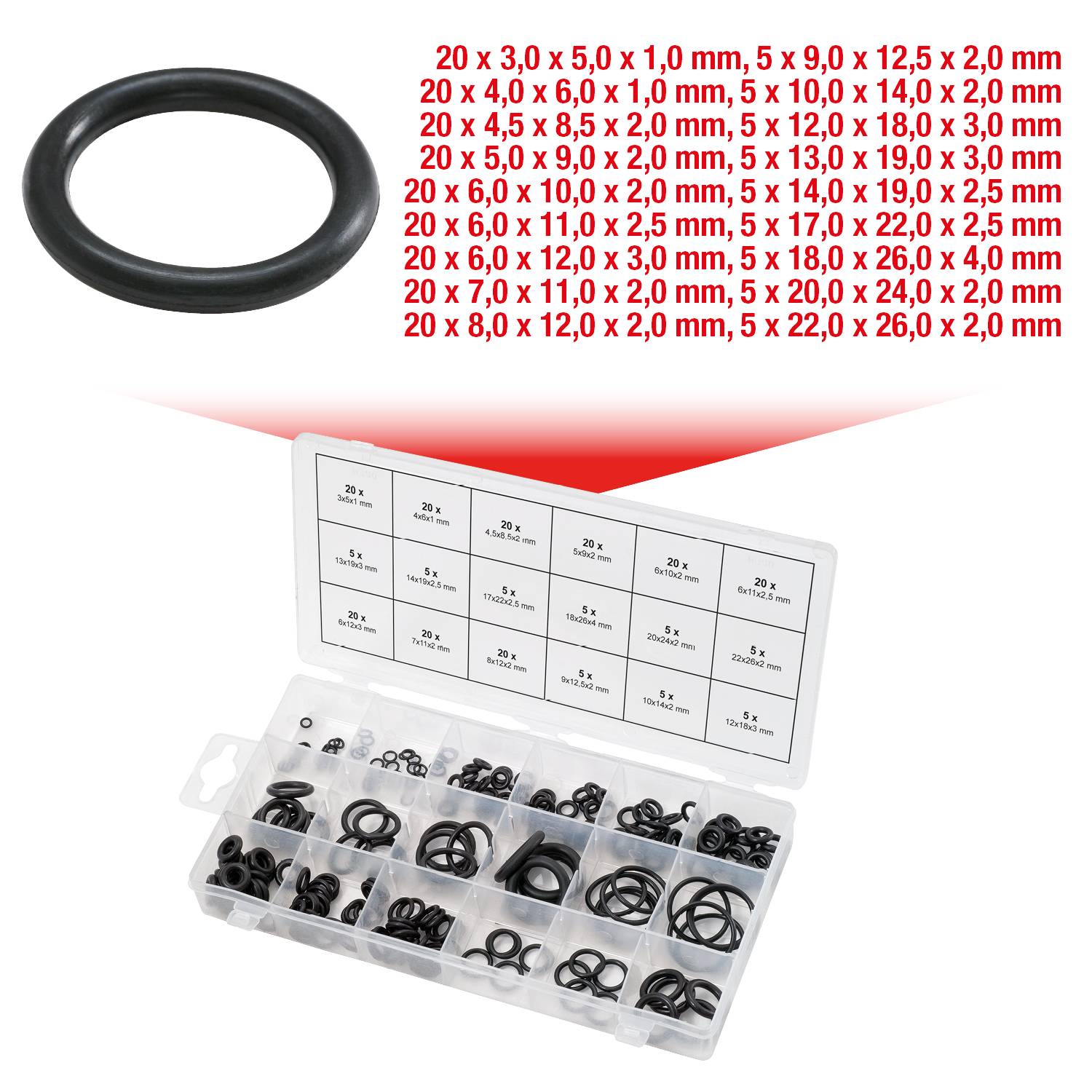 Schwarze O-Ringe in verschiedenen Größen in einer Aufbewahrungsbox. Liste der Größen: 20 x 3 mm, 5 x 9 mm, 20 x 2 mm, usw.