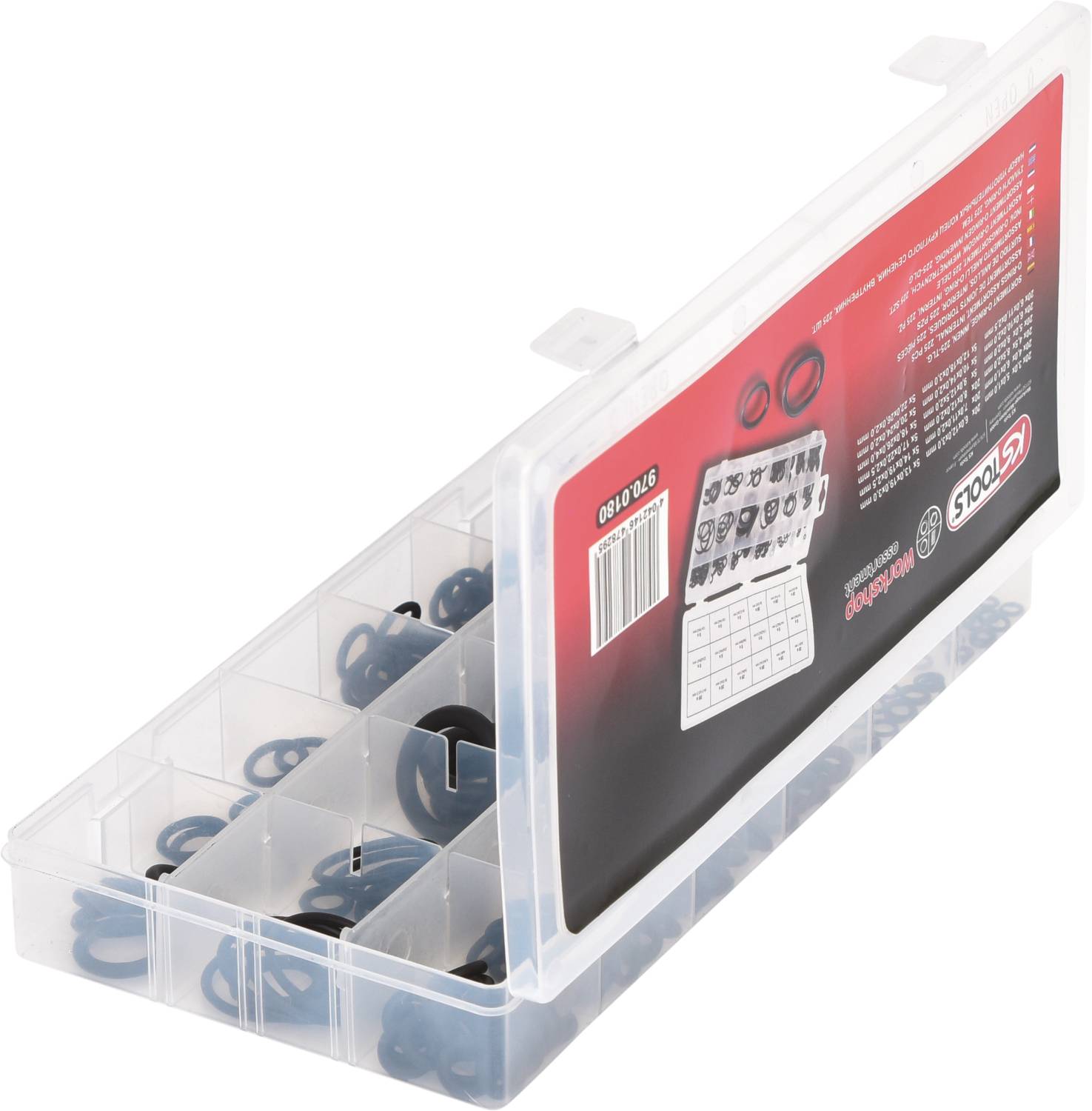 Transparente Plastikbox mit einer Vielzahl an O-Ringen in verschiedenen Größen. Aufkleber mit Details und Größenübersicht auf der Box.