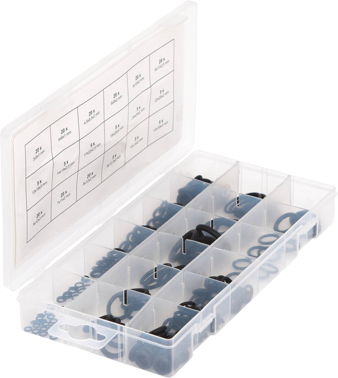 'Organisierte Kunststoffbox mit verschiedenen Größen von schwarzen O-Ringen.'