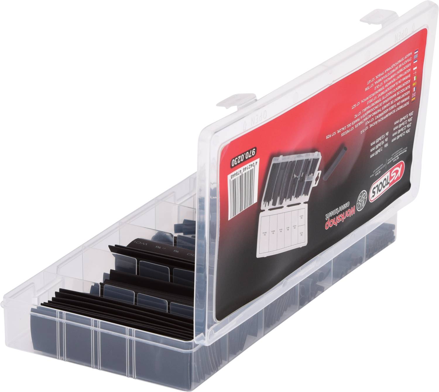 'Transparente Kunststoffbox mit verschiedenen Schrumpfschläuchen. Rotes Etikett mit Produktinformationen auf der Außenseite.'