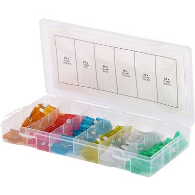 Eine geöffnete Plastikbox mit verschiedenen farbigen Sicherungen, jeweils in separaten Fächern sortiert. Ein Etikett listet die Farben und Amperezahlen auf: Orange 3A, Rot 10A, Blau 15A, Gelb 20A, Klar 25A, Grün 30A.