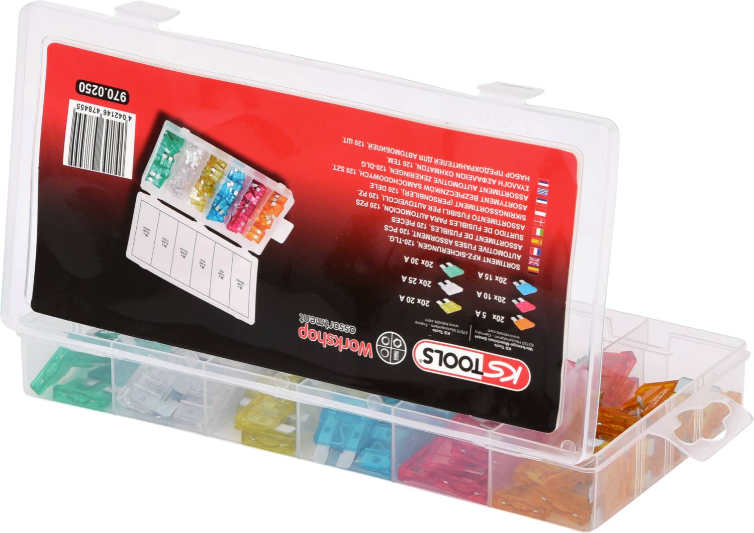 Eine Plastikbox mit verschiedenen farbigen Sicherungen, teils im geschlossenen, teils im offenen Fach. Etikett mit Markenname und Größenangaben.