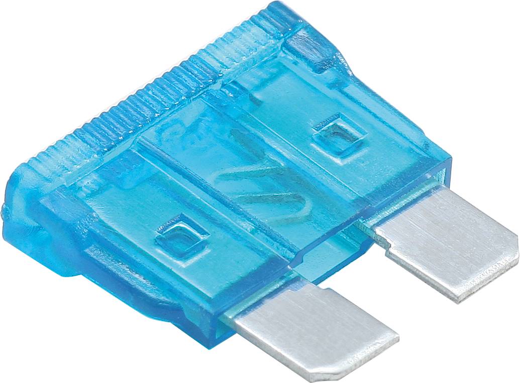 Ein blau durchsichtiger Flachsicherung mit zwei Metallkontakten, typische Autoteilsicherung zur Stromkreisunterbrechung.